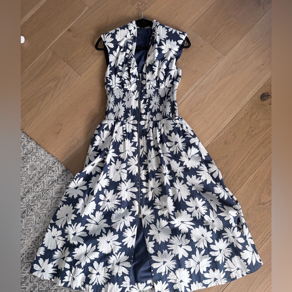 Anthropologie Navy and White Floral Midi Dress with Fitted Waist